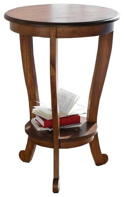 Wooden Round Accent Table With Bottom Shelf, Cherry Brown - Traditional ...