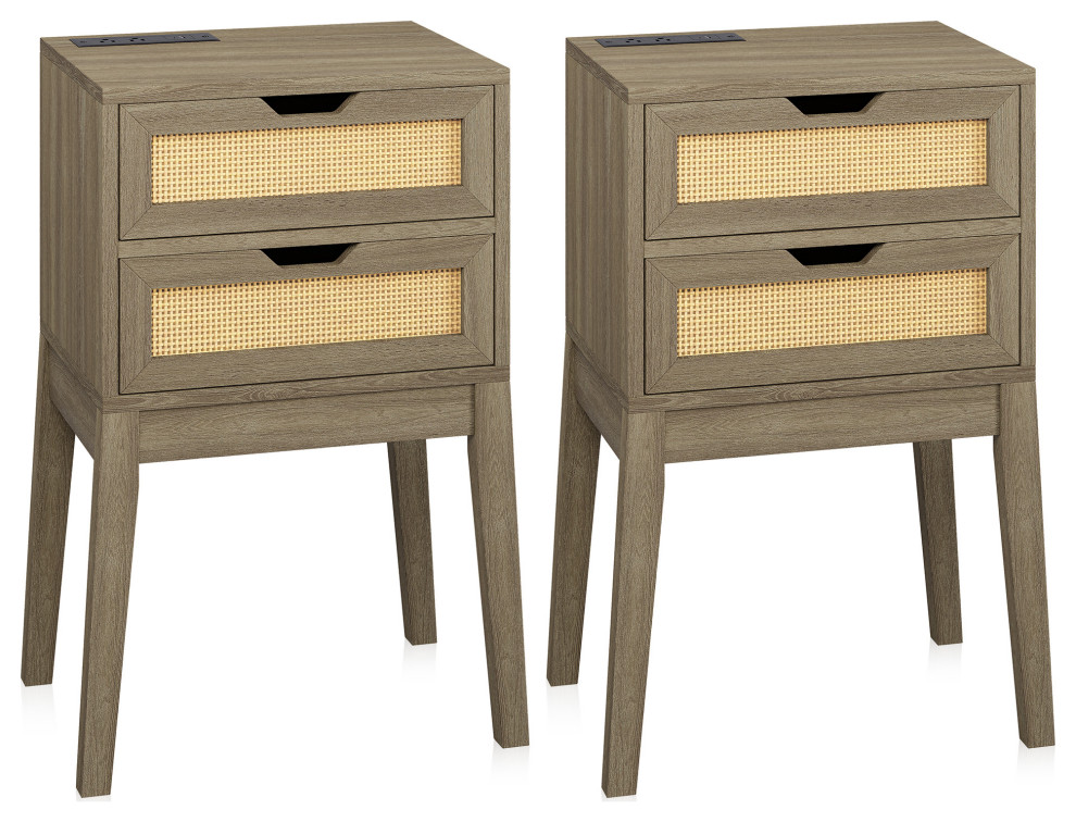 Boho Style End Table, End Table With 2 Drawers, Set of 2 Transitional