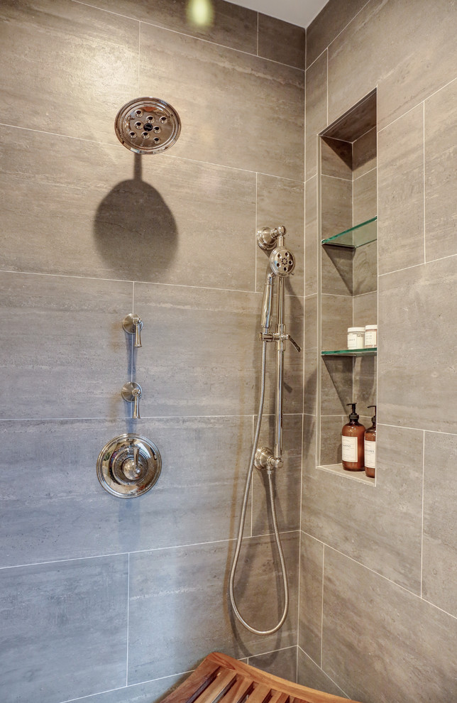 Inspiration for a mid-sized modern master ceramic tile freestanding bathtub remodel in Phoenix with an undermount sink and quartzite countertops