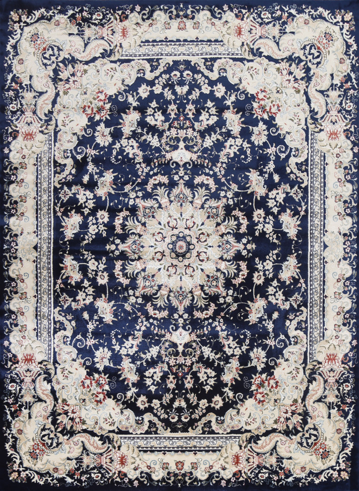 Navy Blue Floral Medallion Transitional Turkish Rug Oriental Carpets