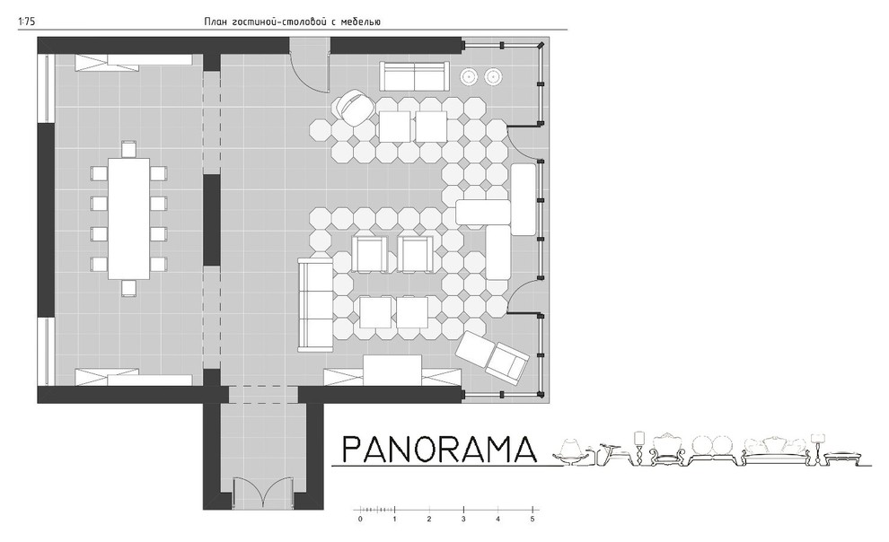 Проект гостиной-столовой, S - 135, 7 кв.м.