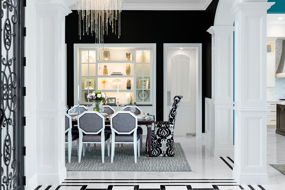 Large transitional separate dining room in Tampa with black walls, porcelain floors and white floor.