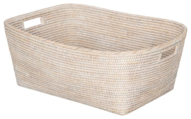 La Jolla Rattan Oblong Storage Basket, White-Wash, Large