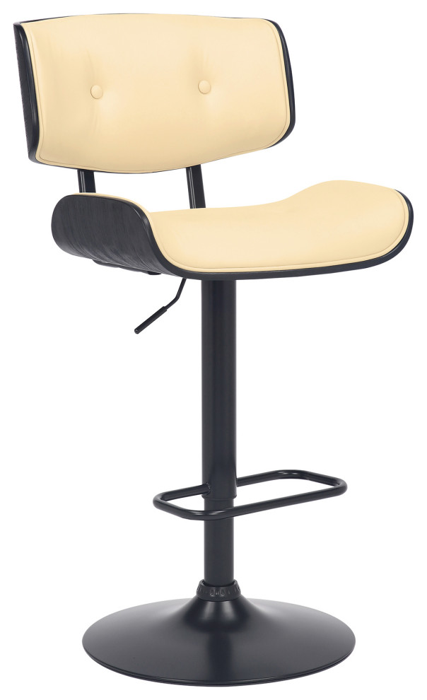 Brooklyn Adjustable Swivel Faux Leather and Wood Bar Stool With Metal Base, Cream and Black