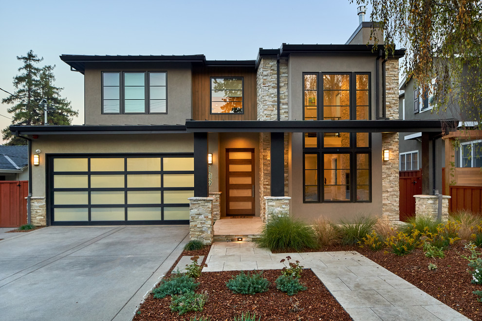 Inspiration for a transitional two-storey brown house exterior in San Francisco with mixed siding.