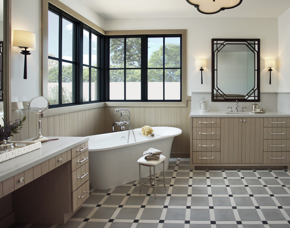 Inspiration for a large transitional master bathroom in Phoenix with beige cabinets, a freestanding tub, white walls, an undermount sink, multi-coloured floor, grey benchtops, a double shower, white tile, subway tile, cement tiles, engineered quartz benchtops, a hinged shower door, an enclosed toilet, a double vanity, a built-in vanity, wood walls and flat-panel cabinets.