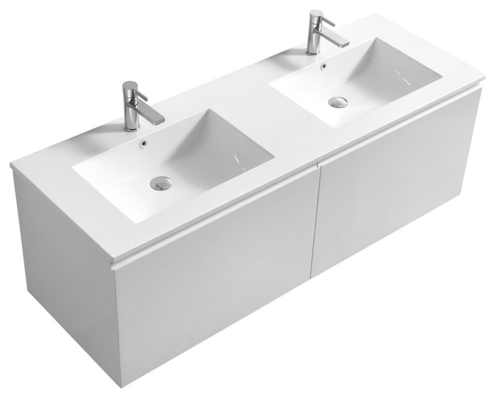 Balli 60'' Double Sink Wall Mount Modern Bathroom Vanity, High Gloss White