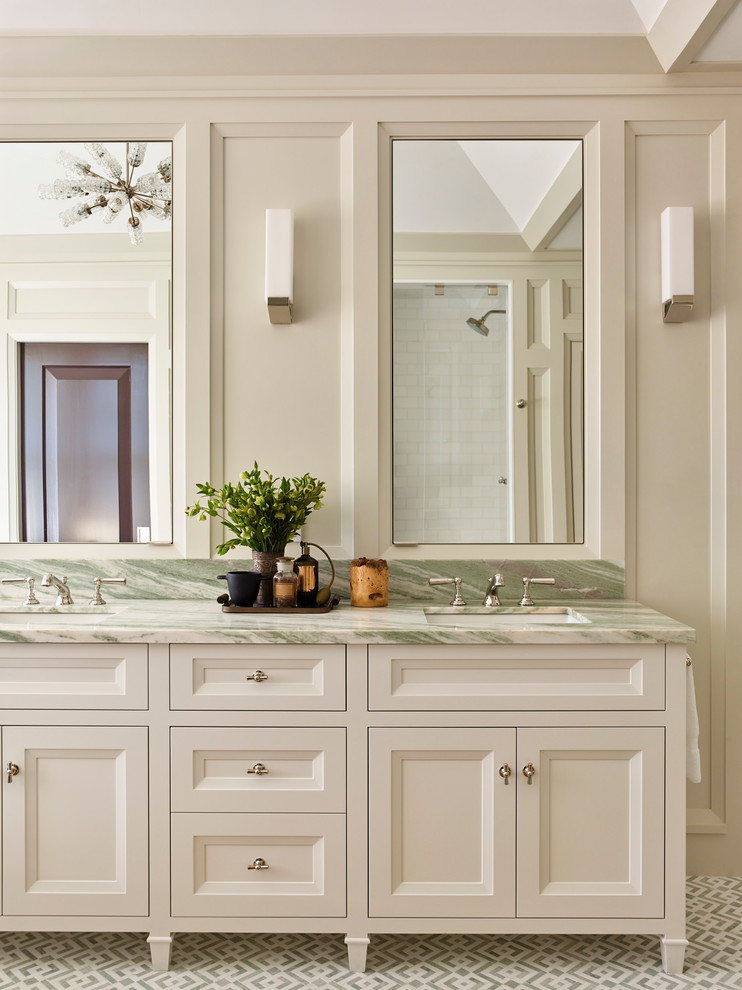 Photo of a large transitional master bathroom in Boston with recessed-panel cabinets, beige cabinets, a one-piece toilet, beige walls, mosaic tile floors, an undermount sink, marble benchtops, green floor and green benchtops.
