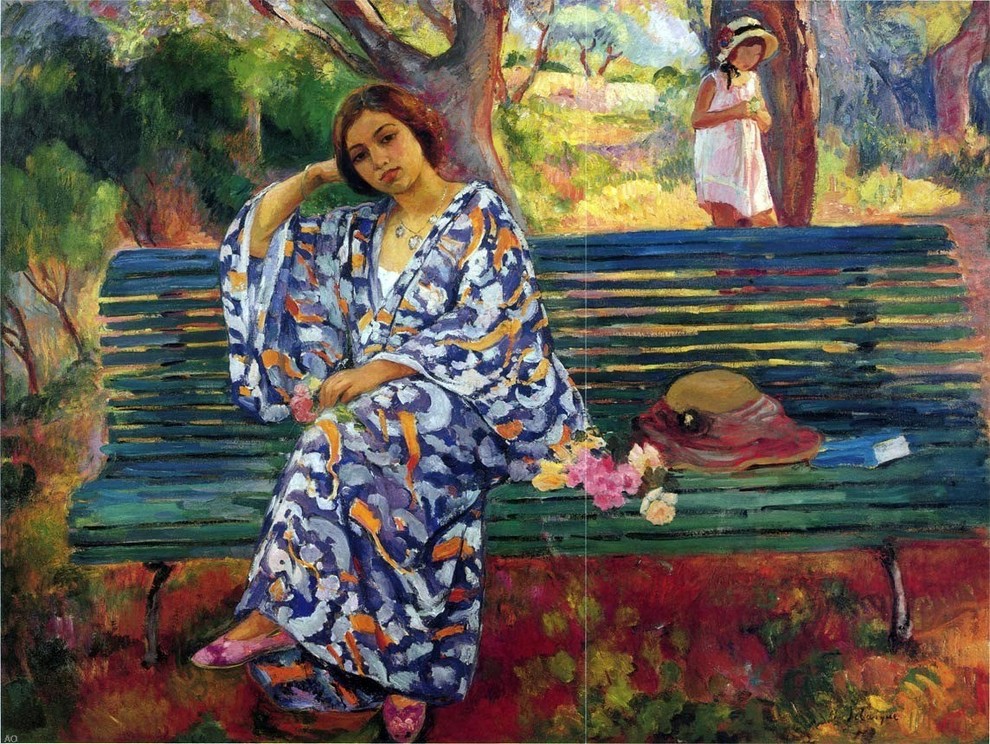 Henri Lebasque AYoung Woman Seated on a Bench, 21"x28" Wall Decal