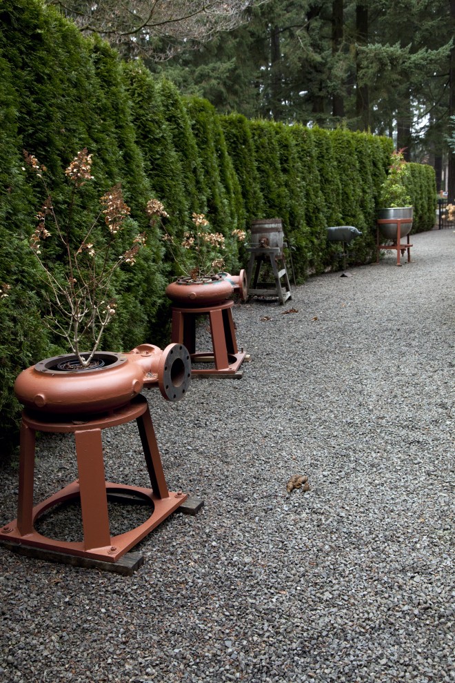 This is an example of an eclectic garden in Portland with a container garden and gravel.