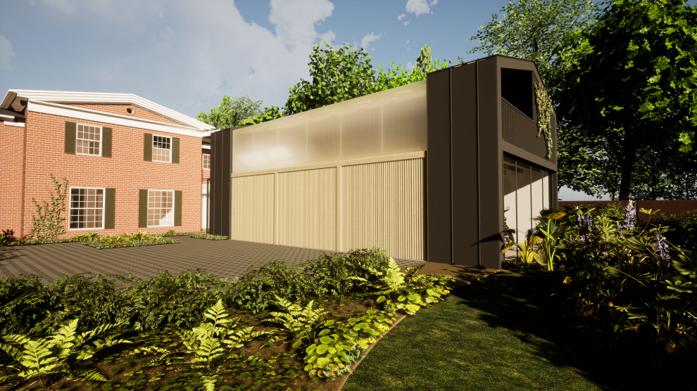 Example of a mid-sized attached three-car garage workshop design in Cleveland