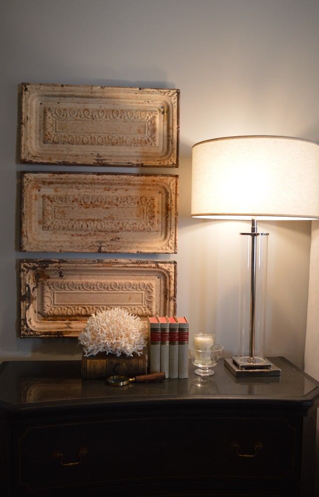 Example of a transitional master carpeted bedroom design in Phoenix with gray walls