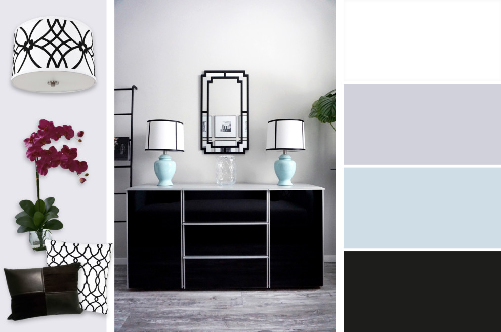 Mittelgroßes Eklektisches Gästezimmer mit grauer Wandfarbe, Laminat und grauem Boden in Sonstige