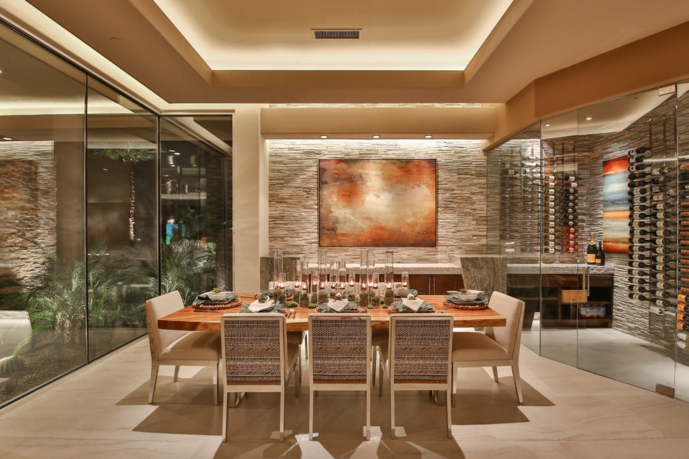 Photo of an expansive contemporary separate dining room in Los Angeles with porcelain floors, beige walls, no fireplace and beige floor.