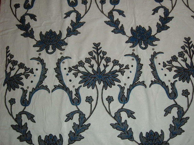 Crewel Fabric Bloom Blue On Creamy White Cotton Velvet Yardage Crewel Fabric Bloom Blue On Creamy White Cotton Velvet Yardage Yard