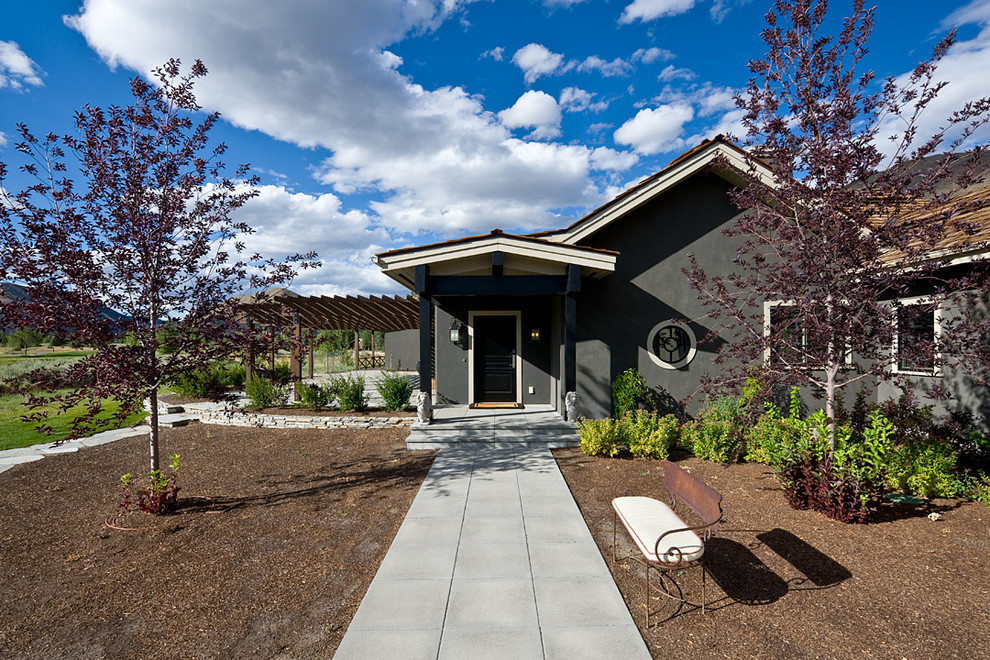 Mid-sized transitional two-storey stucco grey house exterior in Boise with a gable roof and a shingle roof.