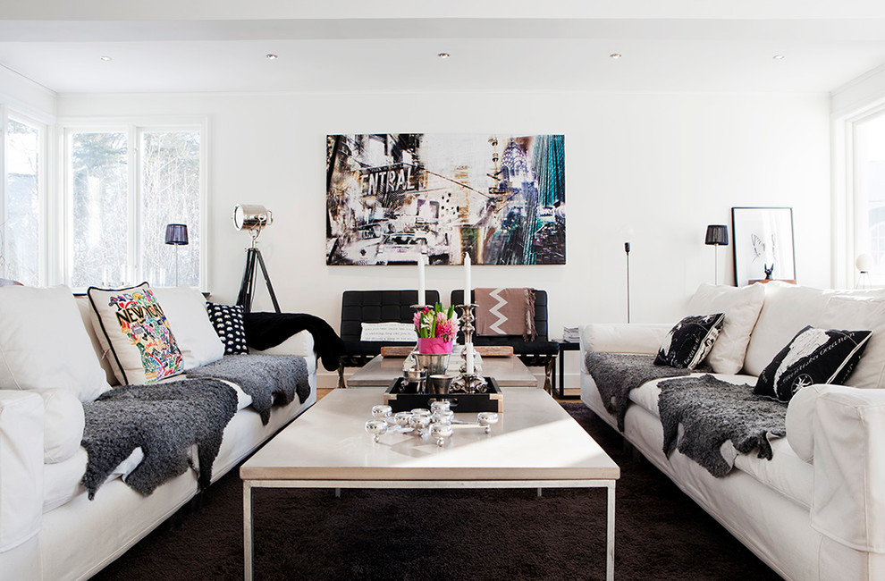 Scandinavian formal living room in Stockholm with white walls.