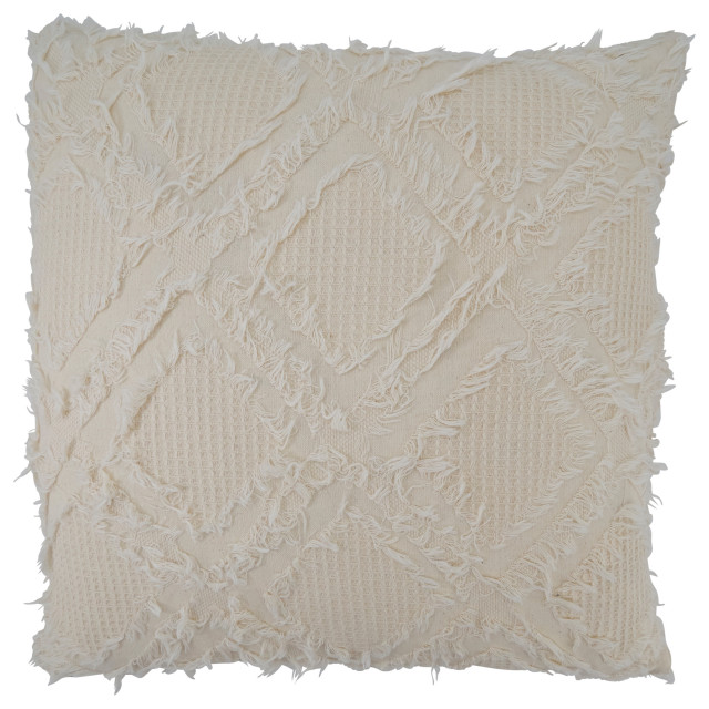 Waffle Weave Pillow With Fringe Design, 22"x22" Contemporary