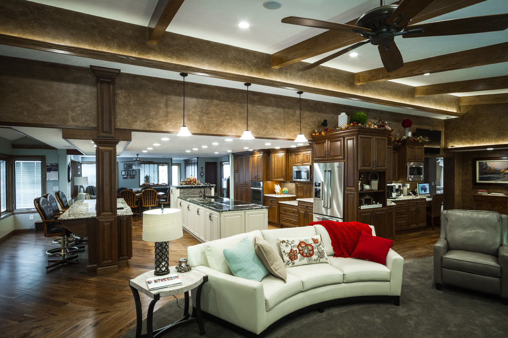 Large transitional l-shaped open concept kitchen photo with two islands