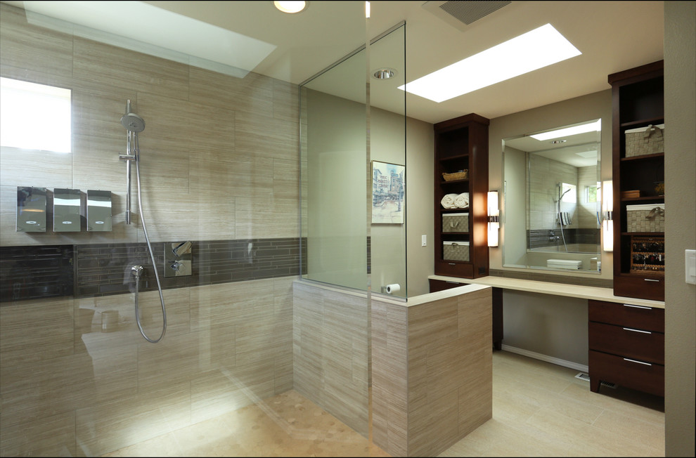 Inspiration for a mid-sized contemporary master bathroom in Portland with flat-panel cabinets, dark wood cabinets, a curbless shower, a two-piece toilet, beige tile, porcelain tile, beige walls, porcelain floors, an undermount sink, quartzite benchtops, beige floor and a hinged shower door.