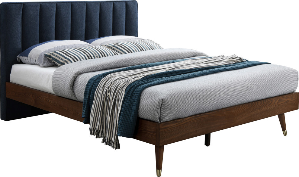 Vance Linen Textured Fabric Upholstered Bed, Navy, Queen