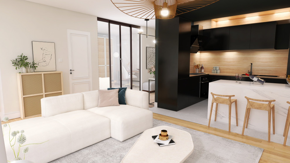 Idee per un soggiorno moderno di medie dimensioni e aperto con sala formale, pareti beige, pavimento in cemento, nessun camino e nessuna TV