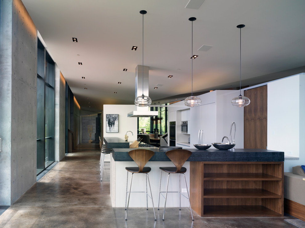 Inspiration for a large contemporary eat-in kitchen in Other with concrete floors, flat-panel cabinets, white cabinets, concrete benchtops, panelled appliances, brown floor and white benchtop.