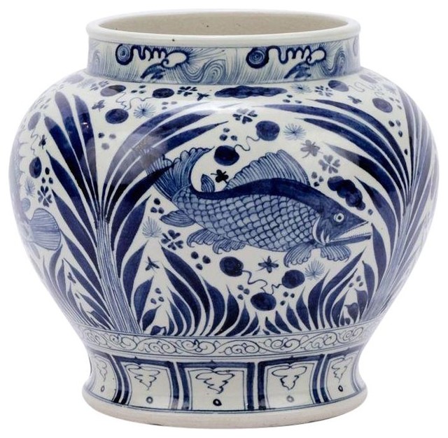 Jar Vase Fish Open Top Blue White Colors May Vary Variable Ceramic
