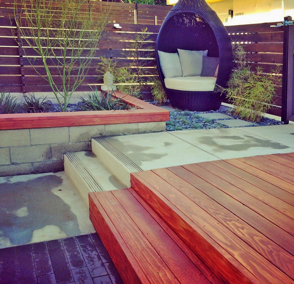 Custom Redwood Deck & Floating Bench Los Angeles by Flores Artscape
