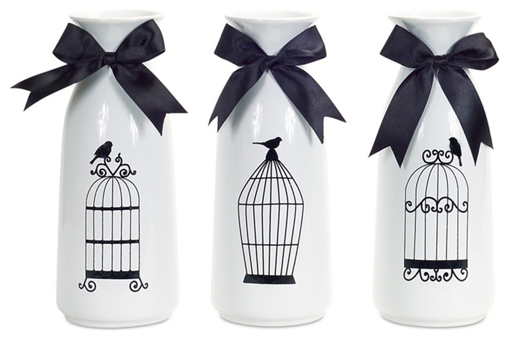 Bird Cage Design Milk Bottle w/Bow (Set of 3) 9"H Ceramic/Polyester