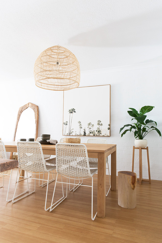 Inspiration for a beach style dining room in Brisbane with white walls, medium hardwood floors and brown floor.