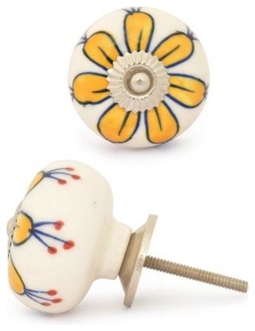 Ceramic Knobs, Yellow Flower With White Base, Set of 3