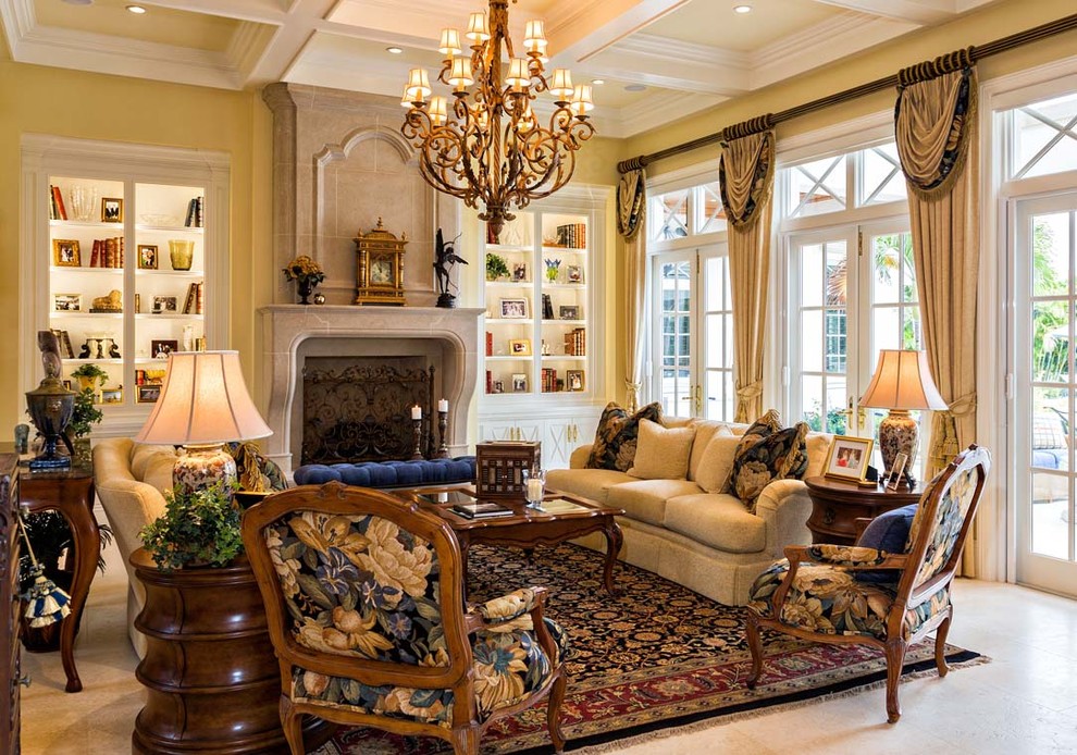 Inspiration for a large traditional formal open concept living room in Miami with yellow walls, porcelain floors, a standard fireplace, a stone fireplace surround and no tv.