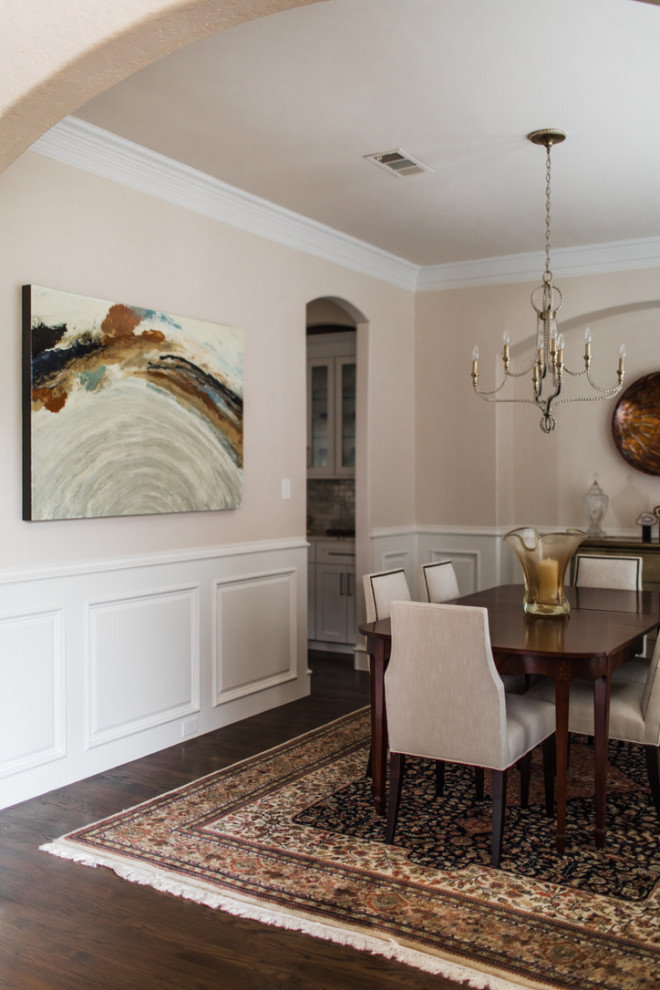 Photo of a mid-sized transitional separate dining room in Dallas with beige walls, dark hardwood floors, brown floor and decorative wall panelling.