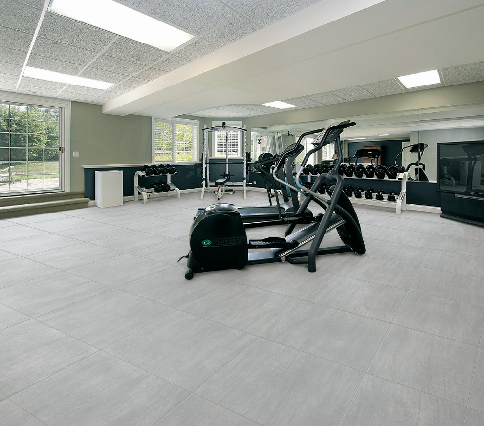 Design ideas for a contemporary multipurpose gym in Vancouver with porcelain floors.