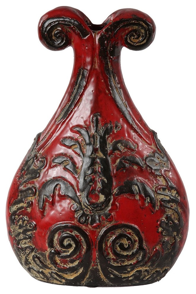 Vintage Red Scrolled 17-inch Ceramic Vase