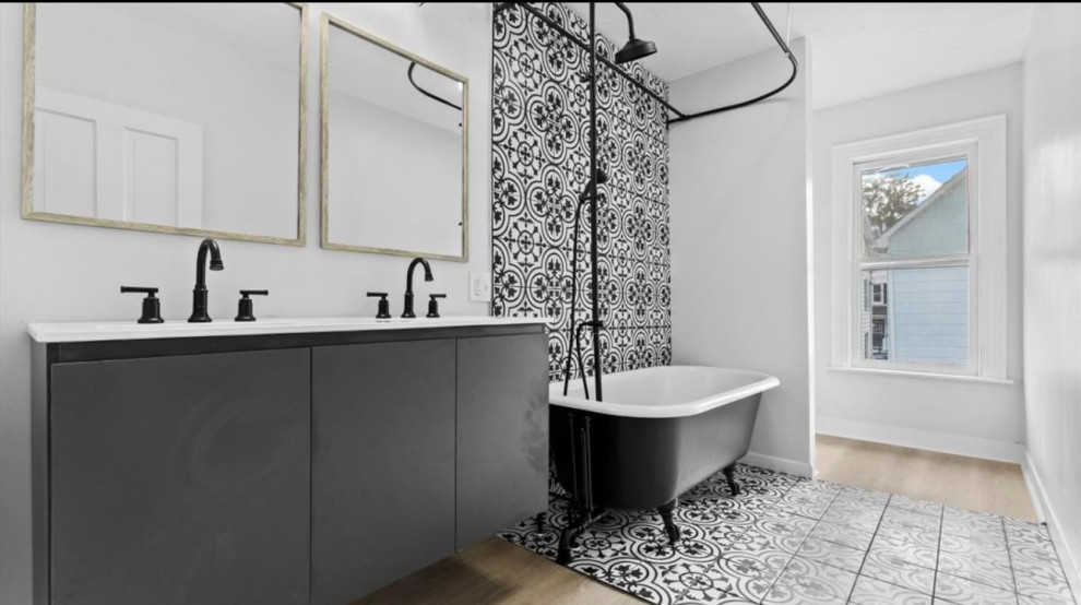 Bathroom Renovation with Decorative Tile and Double Vanity