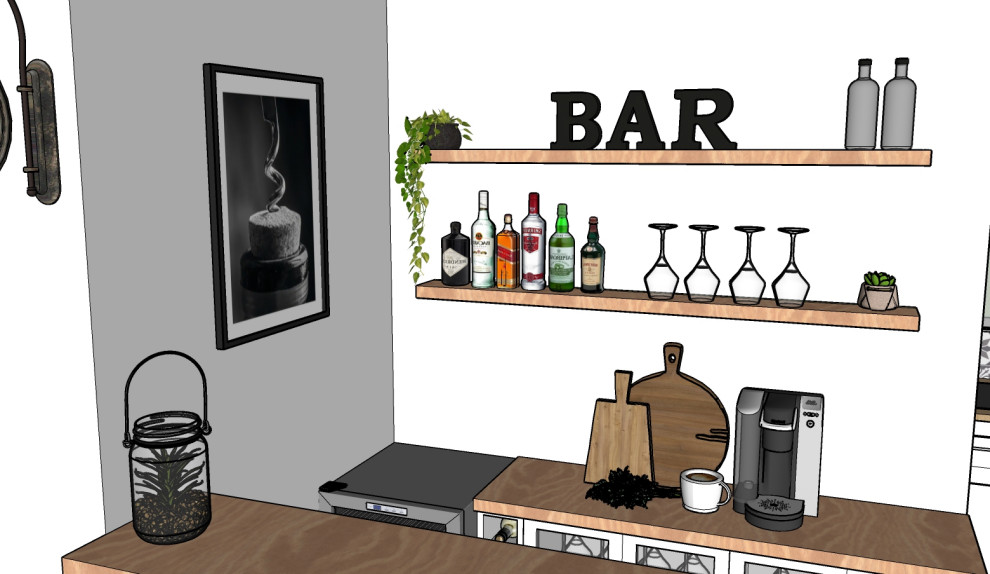 Inspiration for a small industrial galley seated home bar in Other with no sink, white cabinets, wood benchtops, white splashback, ceramic floors, grey floor and brown benchtop.