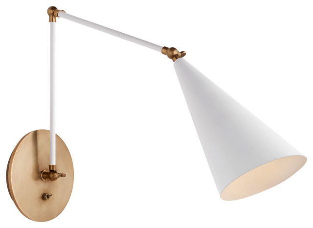 Clemente Double Arm Library Wall Sconce, 1-Light, White, Brass, 35.5"H