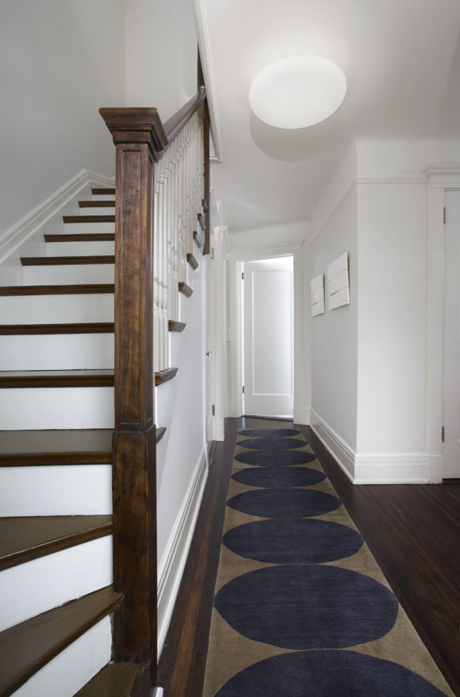 This is an example of a mid-sized contemporary wood straight staircase in New York with painted wood risers.
