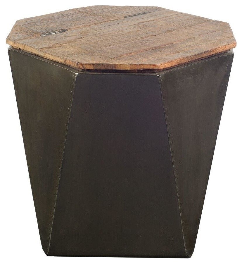 Esagono Black Metal & Reclaimed Wood Octagonal Side Table w/Hidden ... - Black Metal And Reclaimed Wood Decor