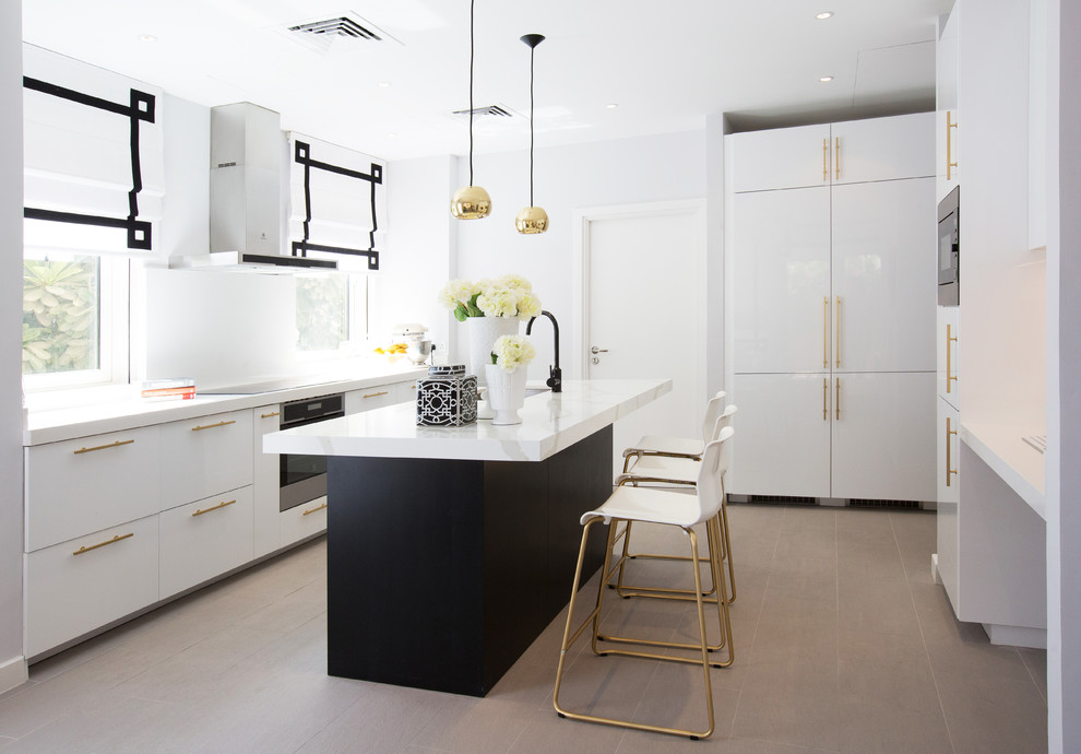 Photo of a contemporary kitchen in Other with flat-panel cabinets, white cabinets and with island.