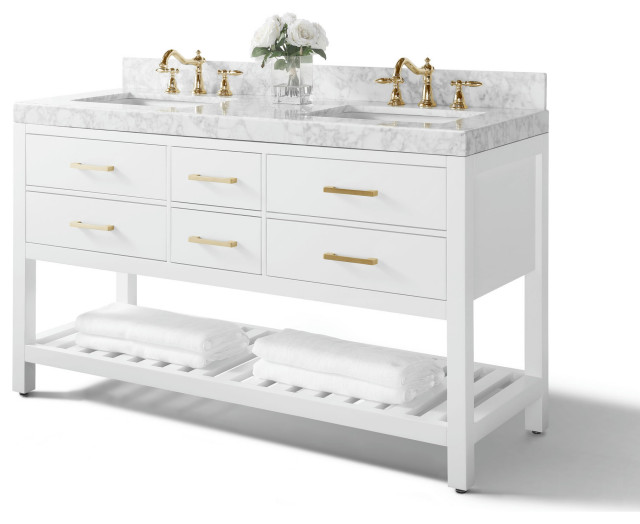 Elizabeth 60" Bath Vanity Set, White With Gold Hardware - Transitional ...