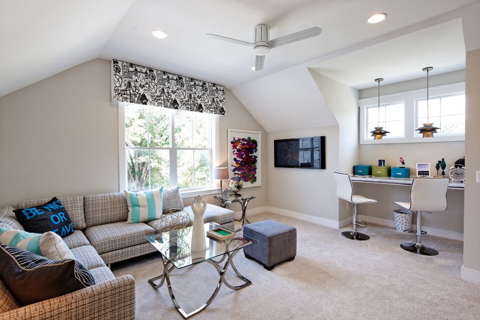 Transitional enclosed family room in DC Metro with grey walls, carpet and a wall-mounted tv.