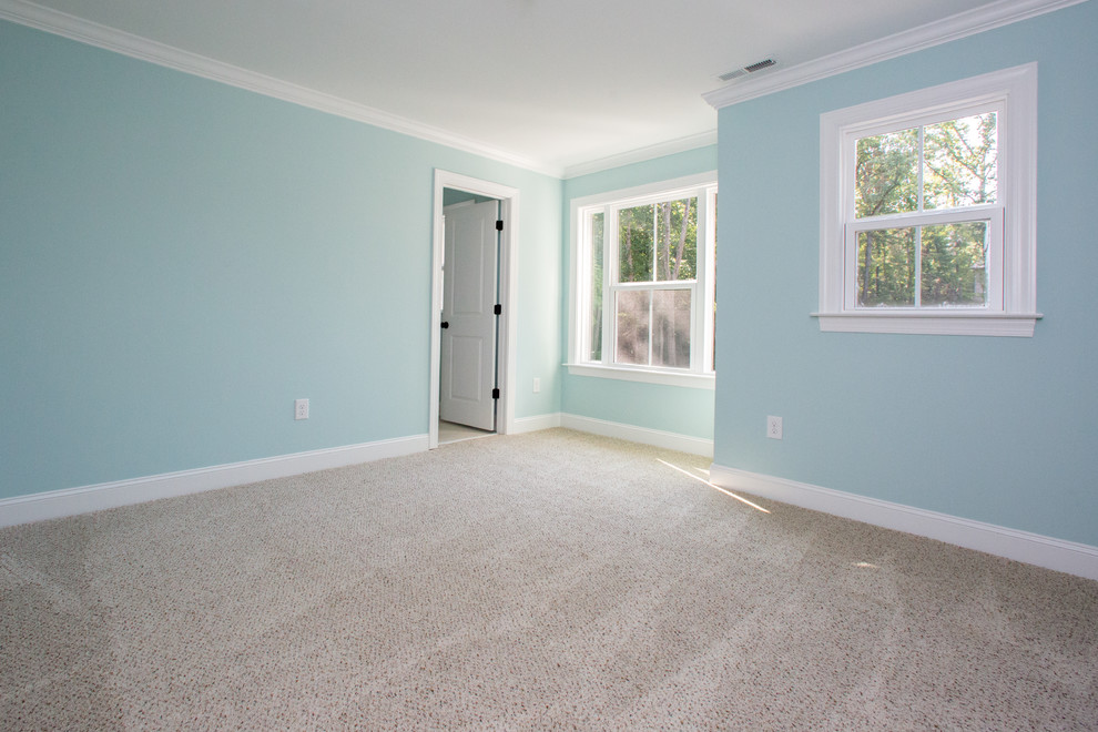 This is an example of a mid-sized country guest bedroom in Other with blue walls, carpet and beige floor.