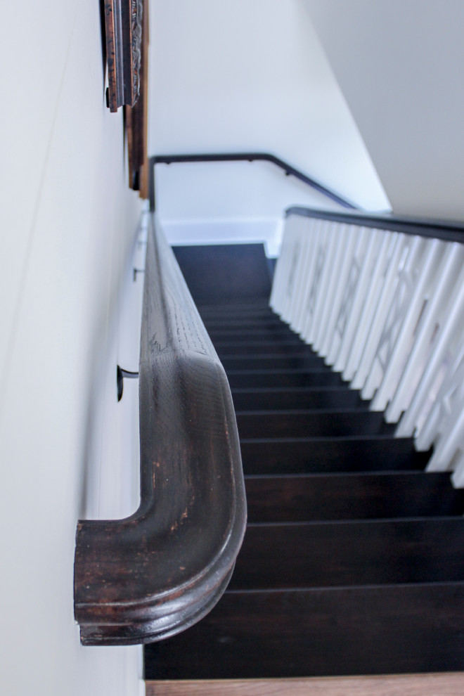 Design ideas for a small country wood l-shaped staircase in DC Metro with wood risers and wood railing.