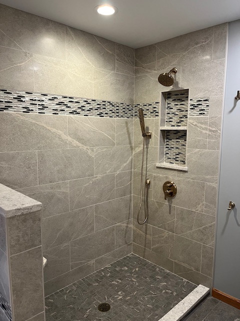 Freestanding bathtub - large transitional master gray tile and porcelain tile porcelain tile and gray floor freestanding bathtub idea with gray walls