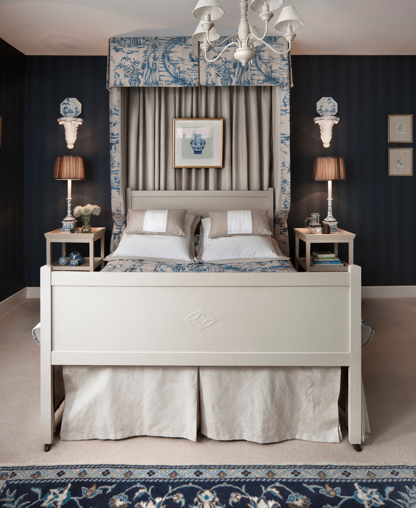 Design ideas for a traditional bedroom in Cardiff with blue walls and carpet.
