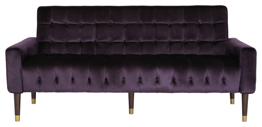Adan Tufted Velvet Sofa With Gold Tipped Tapered Legs, Blackberry, Gold Finish