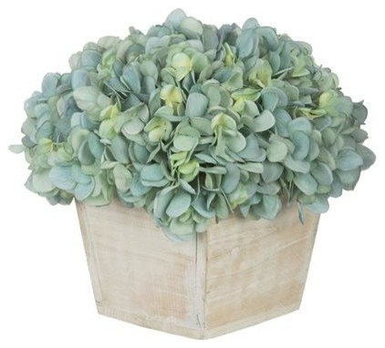 Artificial Teal Hydrangea in White-Washed Wood Cube